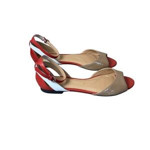 Tahari Fleur Womens Peep Toe Flats Tan Red White Ankle Strap Sandal 7.5M Leather